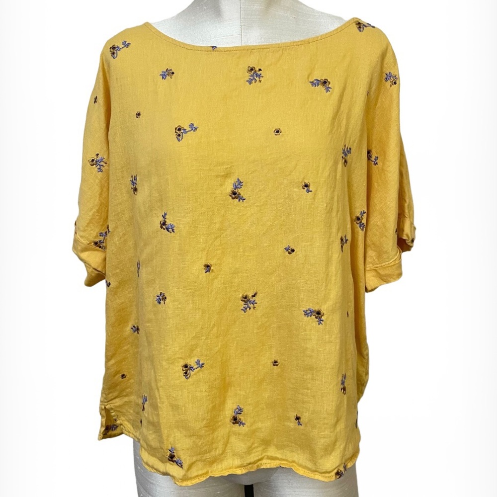 Cynthia Rowley Yellow 100% Linen Floral Print Top Size Large
